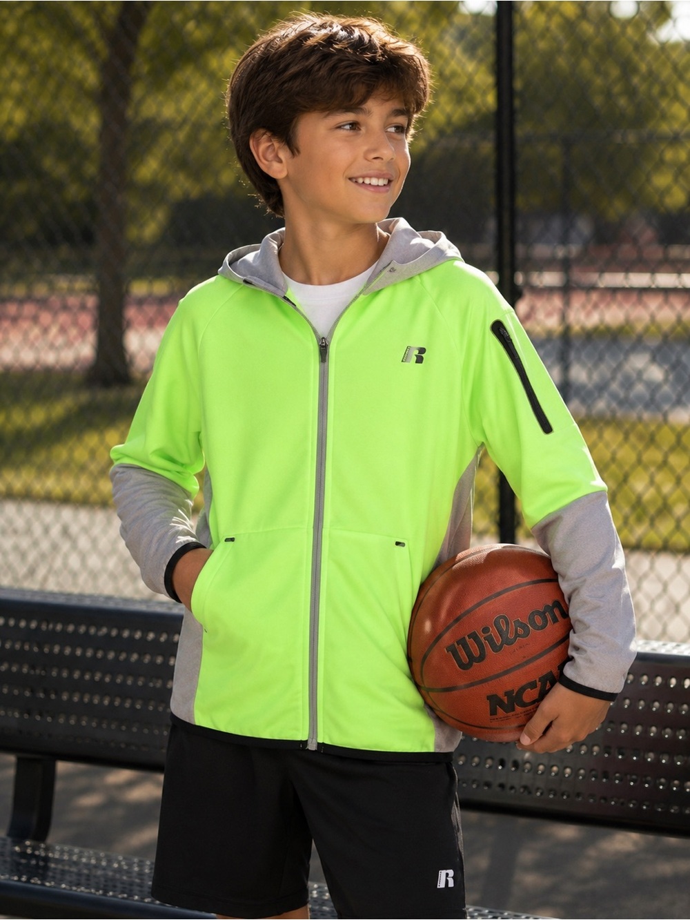 Russell Athletic Dri-Power 360 Neon Lime Zip Hoodie Youth Boys Large 10-12